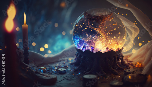 Illustration of magic crystal ball or glowing fortune teller sphere. Mystic background concept. AI generative image.