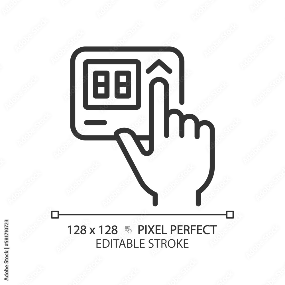 Hand with thermostat pixel perfect linear icon adjusting temperature