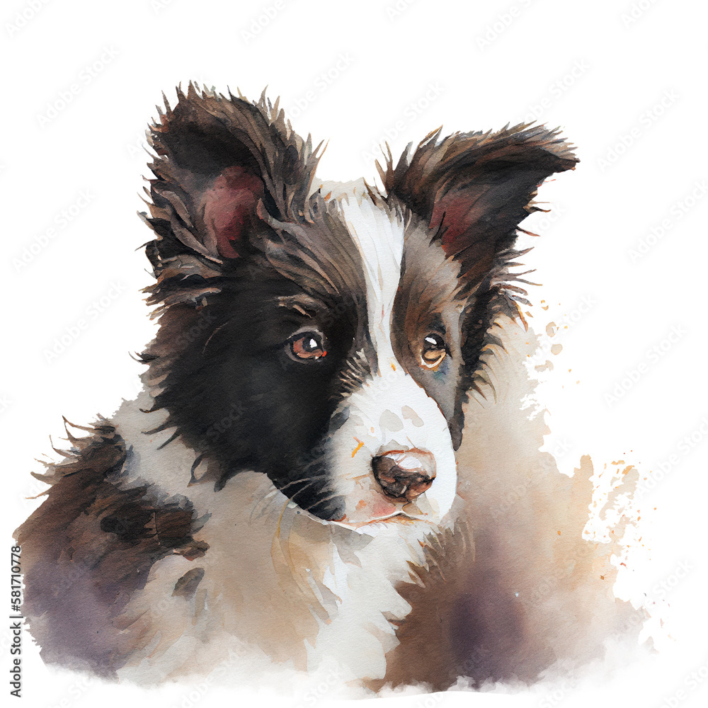 Fototapeta premium Border collie puppy portrait, isolated watercolor illustration on transparent or white background, generative AI
