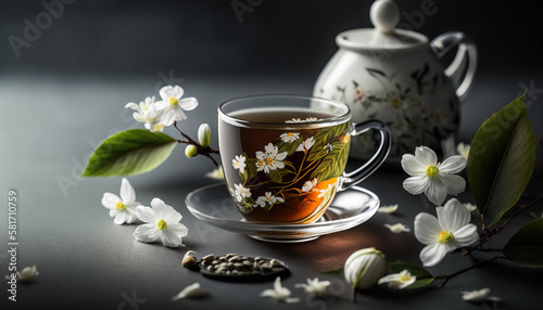 Herbal tea illustration. Still life on cozy indoor background. AI generative image.