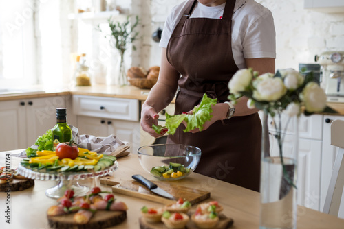 Cooking in the kitchen diet menu, healthy food, ready snacks. Hands of the chef in the frame setting the table. Preparing food in the kitchen