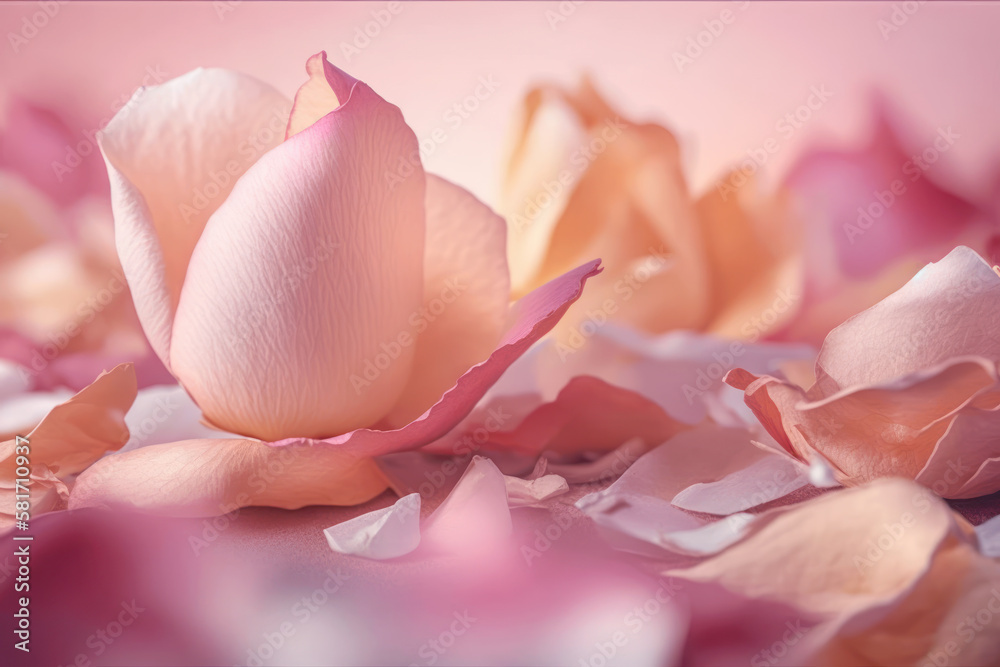 Close up of fallen off pink rose petals. Generative AI