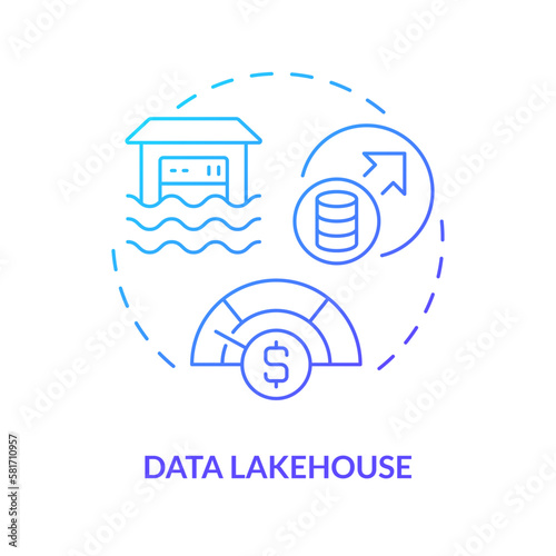 Data lakehouse blue gradient concept icon. Lake and warehouse combination. Data repository abstract idea thin line illustration. Isolated outline drawing. Myriad Pro-Bold font used photo