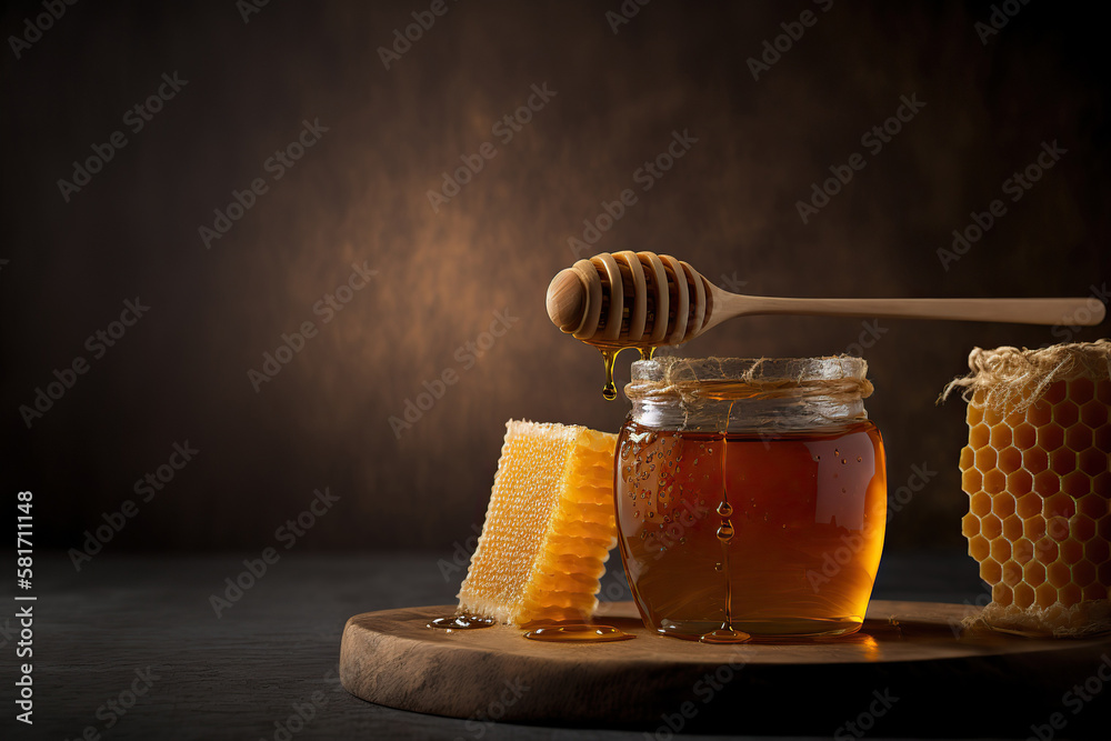 Jar of fresh delicious liquid honey with wooden dipper. Indoor background with copy space. AI generated picture. Jar of fresh delicious liquid honey with wooden dipper. Indoor background with copy space. AI generated picture.