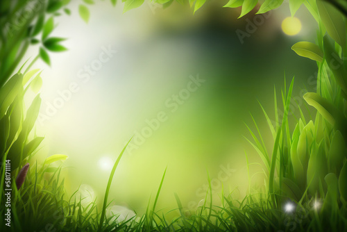 Beautiful selective focus abstract spring green grass background with copy space. Blank place for text. Ai generative image.