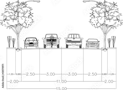 Vector sketch illustration of road designation and medians and sidewalks