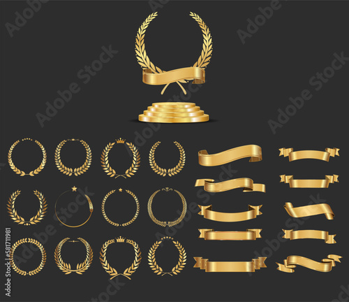 Collection of golden ribbons and laurel wreaths and gold podium vector illustration
