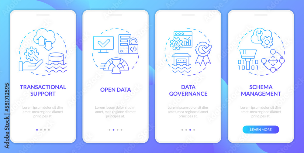 Data lakehouse blue gradient mobile app screen. Repository architecture walkthrough 4 steps graphic instructions with linear concepts. UI, UX, GUI template. Myriad Pro-Bold, Regular fonts used