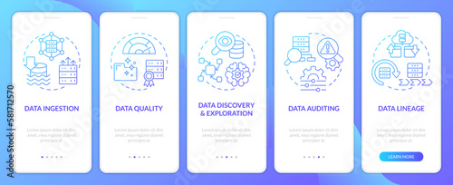 Data lake key concepts blue gradient mobile app screen. Technology. Walkthrough 5 steps graphic instructions with linear concepts. UI, UX, GUI template. Myriad Pro-Bold, Regular fonts used