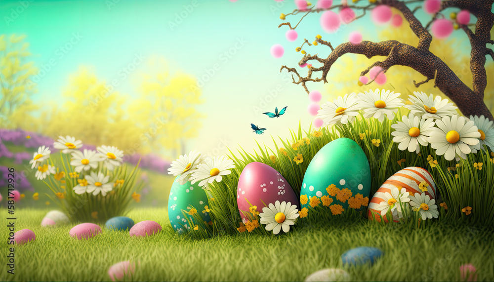 Fototapeta premium Easter eggs on a meadow with flowers. Generative AI.