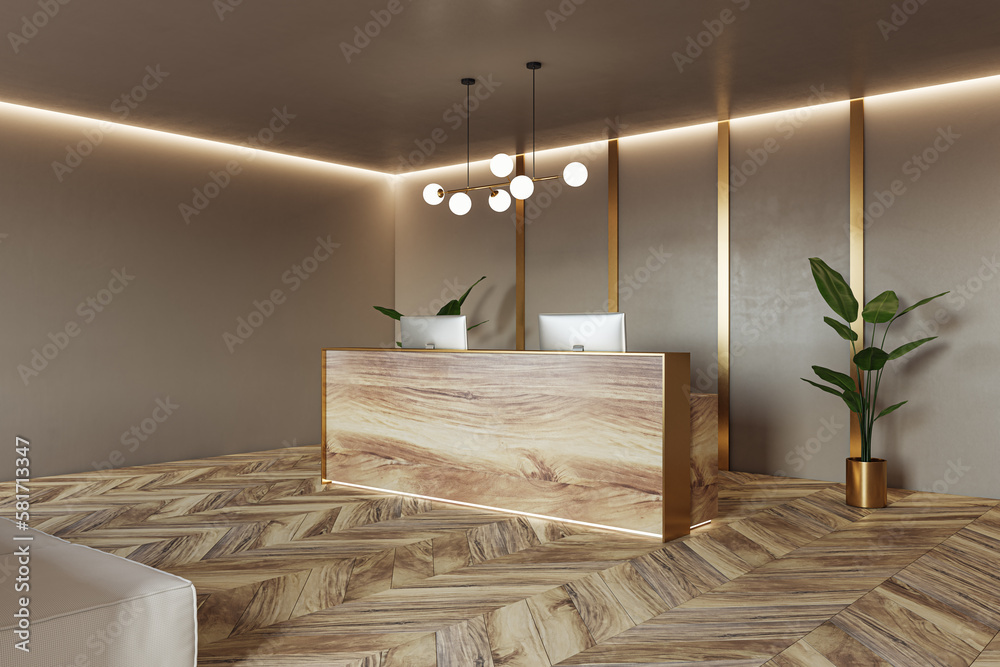 Perspective view on stylish reception desk made from natural wooden slab with modern computers on parquet floor with green plants on beige wall golden decorated background. 3D rendering - obrazy, fototapety, plakaty 