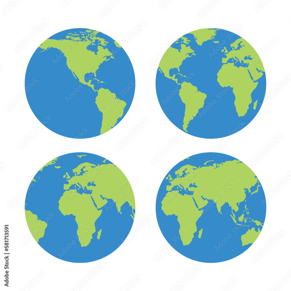Four different views of the planet Earth on white background. Vector illustration.