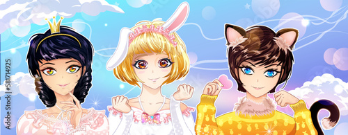 Cute girls dressed up in cosplay costumes.