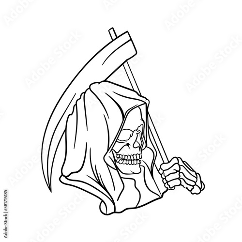 Hand drawn illustration of grim reaper with death scythe outline design