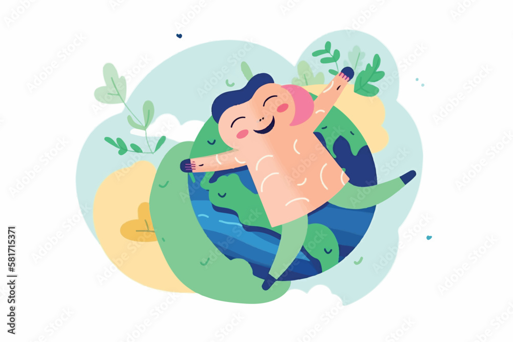 Girl character lies on the planet earth with a smile on her face. Earth day concept Girl character lies on the planet earth with a smile on her face. Earth day concept