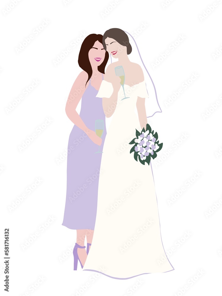 bride and bridesmaid in flat style. cute lovely illustration for wedding card and invitation bride and bridesmaid in flat style. cute lovely illustration for wedding card and invitation