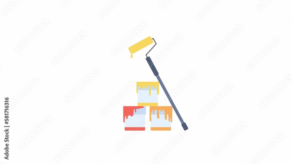 Animated paint buckets with roller. Home interior renovation. Flat