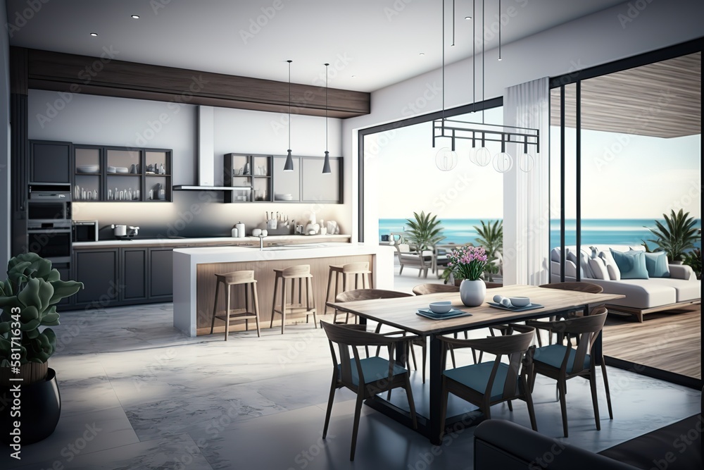 Sea view kitchen, dining and living room of luxury beach house with terrace near swimming pool in modern design. Vacation home or holiday villa for big family, AI generated