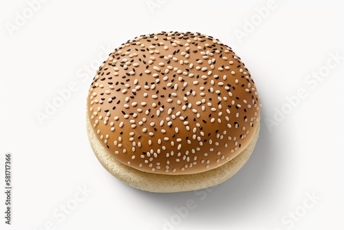 On a white background, an open hamburger bun with sesame seeds. Isolated with copy space at the top and bottom. Generative AI