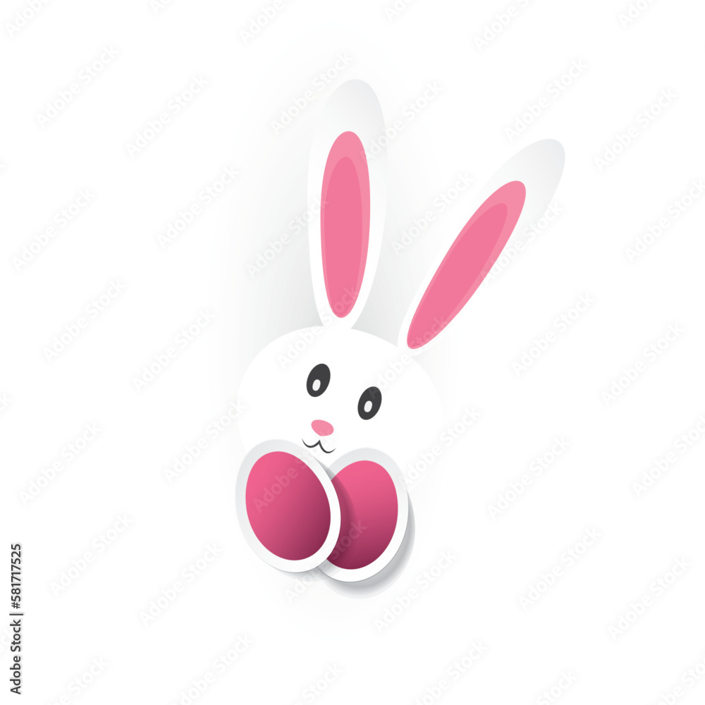 Fototapeta premium Isolated Happy Easter Template, Card Design - Funny Cute White Bunny with Long Ears and Purple Easter Eggs on White Background, Vector Illustration
