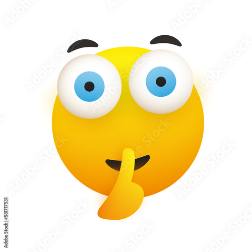 Serious Looking Emoji Face Gestures, Finger on Lips, Showing Warning, Stay Quiet, Make Silence Sign - Yellow Emoticon, Face with Open Eyes Isolated on White Background - Vector Design Illustration