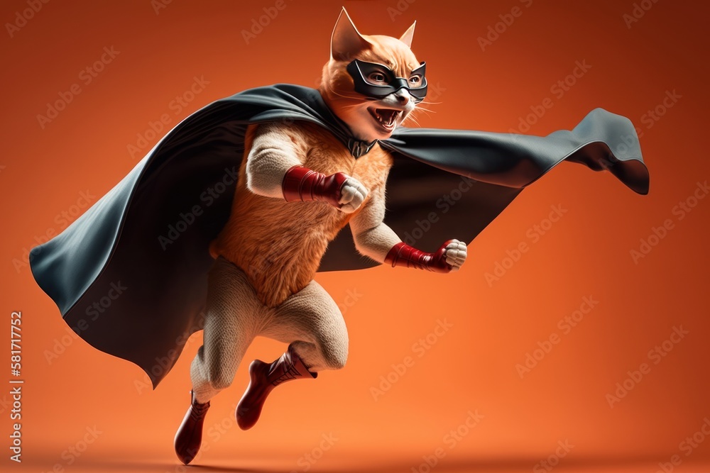 Superpet Cat as superhero with cape on orange background. Created Generative Ai