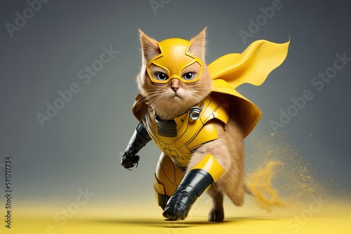 Superpet Cat as superhero with cape on yellow background. Created Generative Ai