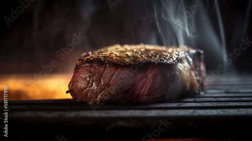 Rindersteak auf Grill mit Flammen in 16:9 Format. Generative Ai photo