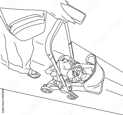 Outline sketch of baby in stroller sleeping and mum walking with phone top view in doodle style