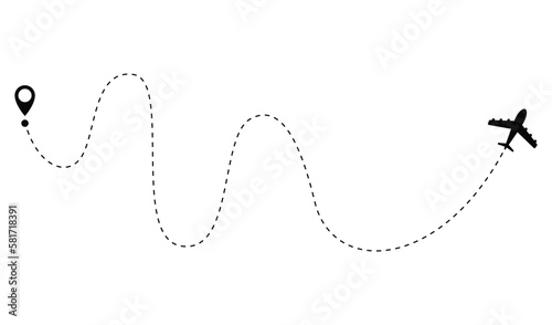 Airplane dotted route line. Path travel line shape. Flight route with start point and dash line trace for plane isolated vector illustration