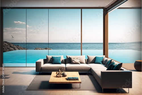 Large sofa on wooden floor near glass window and swimming pool with terrace at penthouse apartment  Lounge in sea view living room of modern luxury beach house or hotel  AI generated