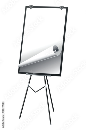 Flipchart mockup. Presentation and seminar whiteboard with blank paper sheets. Flip chart on tripod with space for text, vector illustration isolated on white background