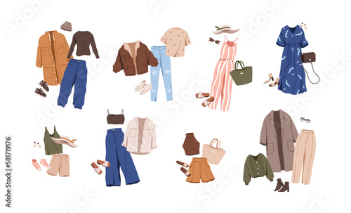 Stylish fashion outfit sets. Casual female apparels for different seasons. Women clothes, accessories, full looks in modern style. Flat graphic vector illustrations isolated on white background