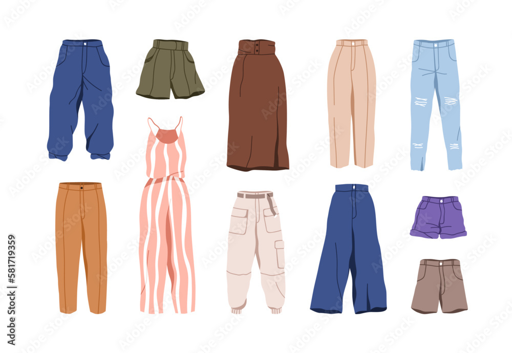 Female clothes, casual pants, modern trousers, skirt, summer shorts, jeans. Women wearing, apparel, fashion lower body garments in modern style. Flat vector illustration isolated on white background Female clothes, casual pants, modern trousers, skirt, summer shorts, jeans. Women wearing, apparel, fashion lower body garments in modern style. Flat vector illustration isolated on white background