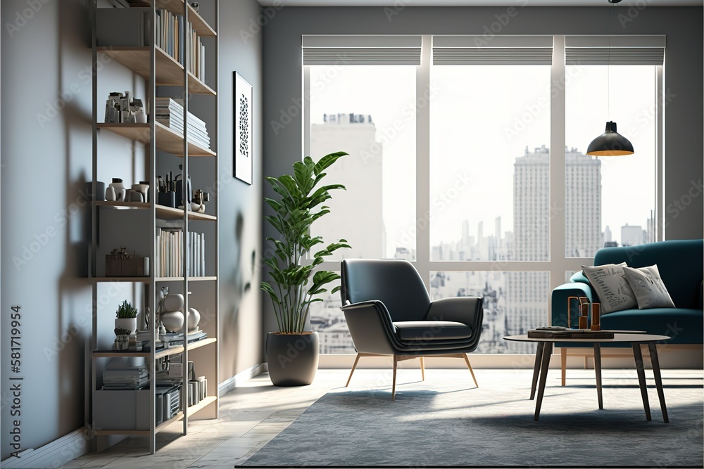 Front view on bright studio room interior with dining table, sofa, armchairs, carpet, concrete floor, panoramic window with city view, shelves with books. Concept of minimalist design, AI generated