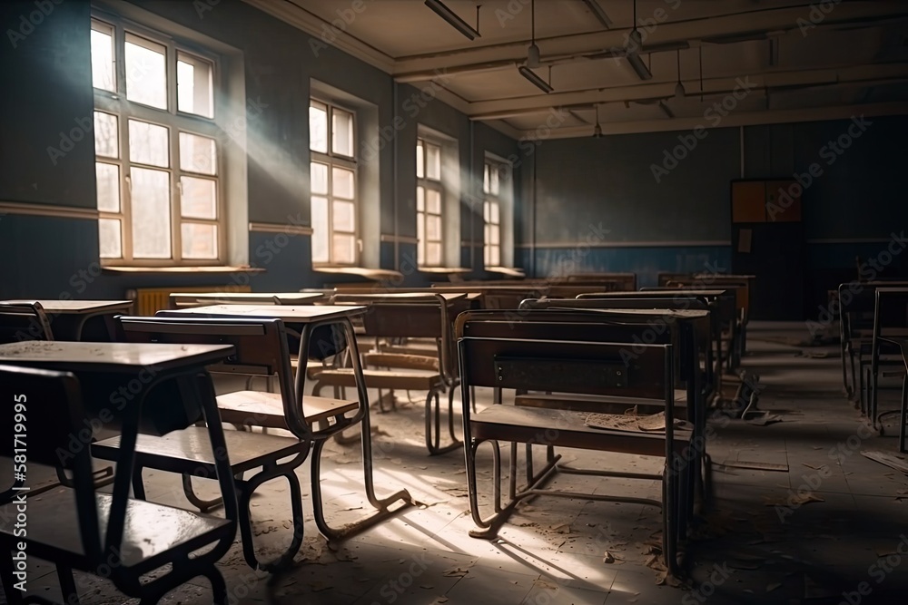 An empty school classroom. School desks in a row facing the blackboard