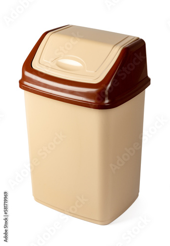 Beige plastic waste bin isolated on white