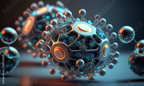 Microscopik view of a nanorobot. Futuristic concept of nanoid robotics. Nanotechnology close-up. Generative ai photo