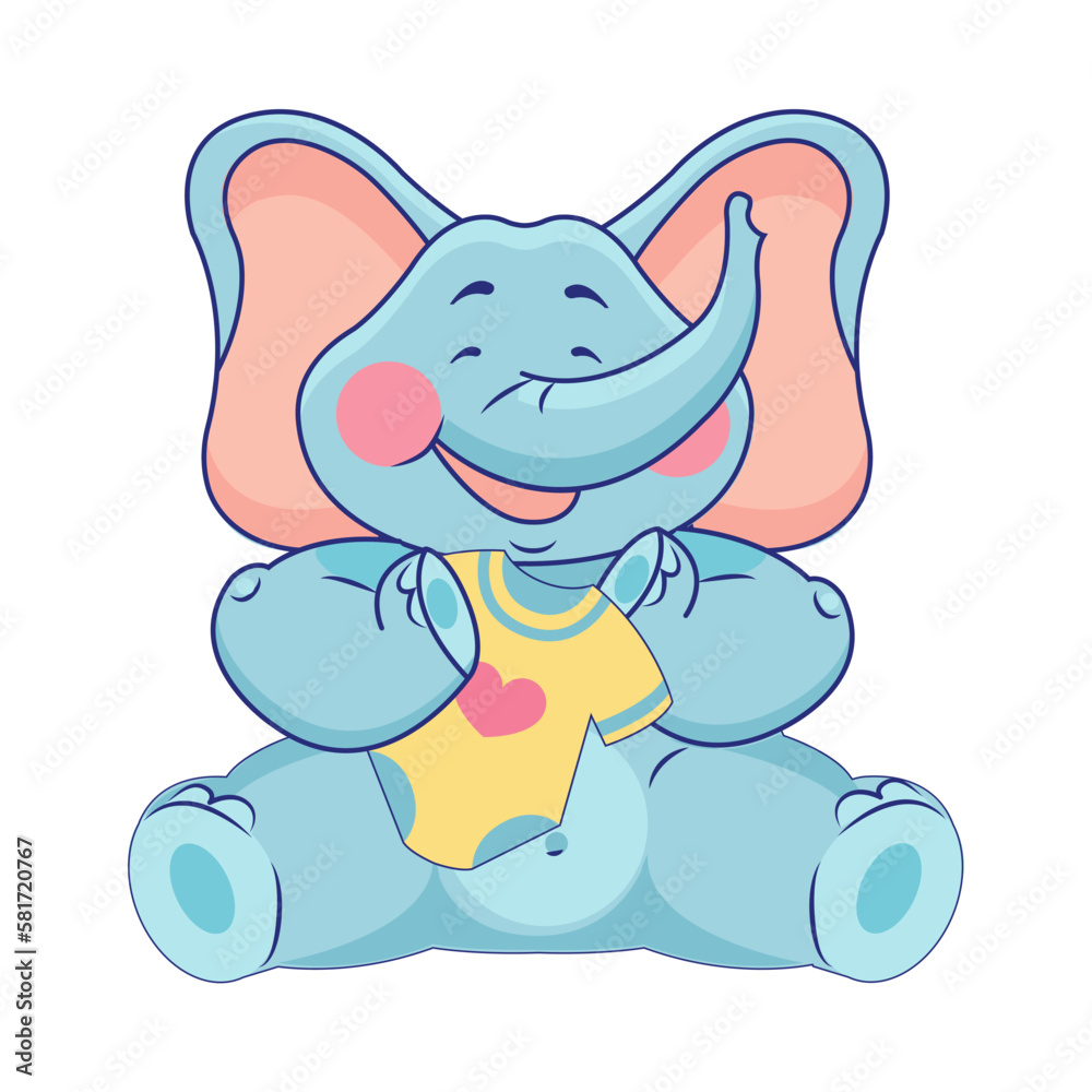 Obraz premium Cute cartoon baby elephant with baby clothes. Elephant cartoon style logo, vector art and illustration. Vector illustration of elephant sitting and smiling happily. Children's illustration book