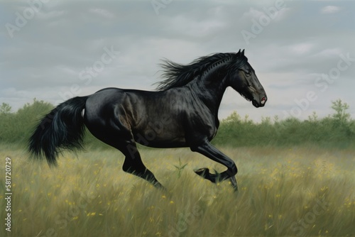 A black horse is captured in motion from the front while running freely in a field in this photograph. Generative AI