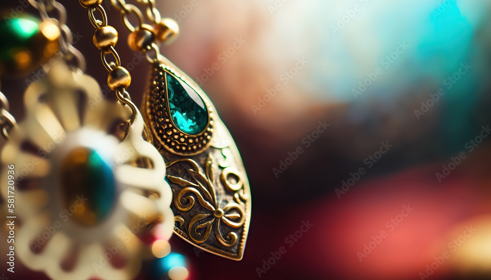 Fototapeta premium Abstract jewellery background with shiny green emerald gemstone. Horizontal background with copy space. AI generative image.