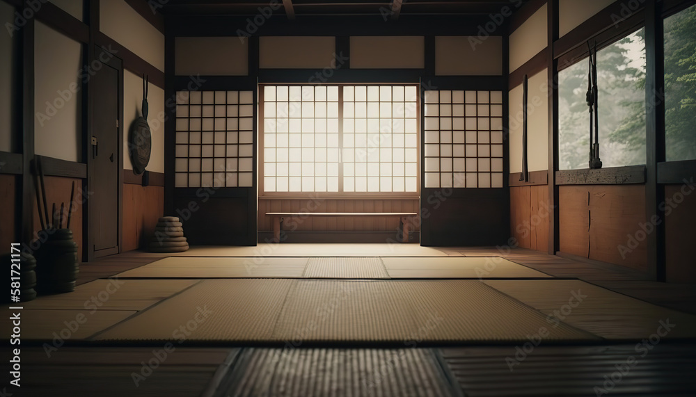 Oriental interior with window and mat on floor, sport hall for martial art classes. Indoor background. AI generative image. Oriental interior with window and mat on floor, sport hall for martial art classes. Indoor background. AI generative image.