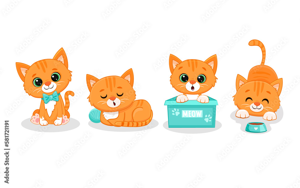 Fototapeta premium Set of cute cats in different poses in cartoon style.Sleeping cute red kitten.Funny ginger kitten.