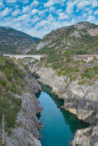 The Devil bridge in the Herault department, touristic landmark in France 