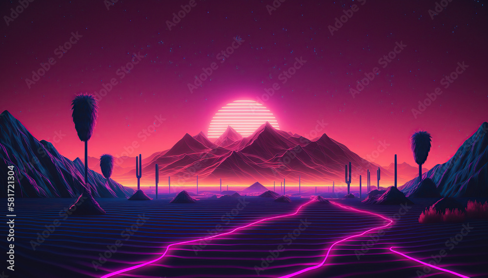 Trendy neon synth wave background with sunset sky, road and mountains, retro abstract background. Retro wave scene. AI generative image.