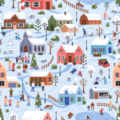 Papier peint photo Paysage patrons Village enneigé de Noël illustré  © Good Studio