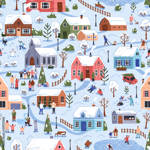 Winter village in snow, seamless pattern. Christmas town in nature, repeating landscape print with cute houses and people. Endless background design, outdoor funs. Flat vector illustration for textile