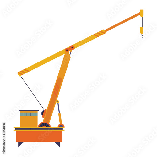 Hoisting crane icon. Construction crane. Equipment in flat style. Yellow industrial heavy machine. Lifter doing heavy lifting
