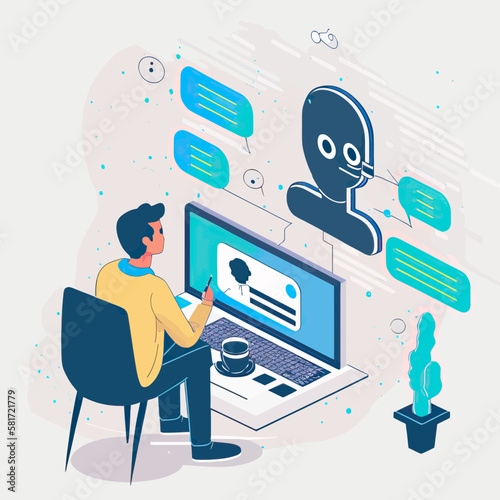 A man using AI chat bot for work, vector illustration