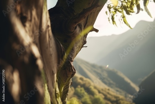 A close-up shot of a tree juxtaposed against a mountainous backdrop. Generative AI
